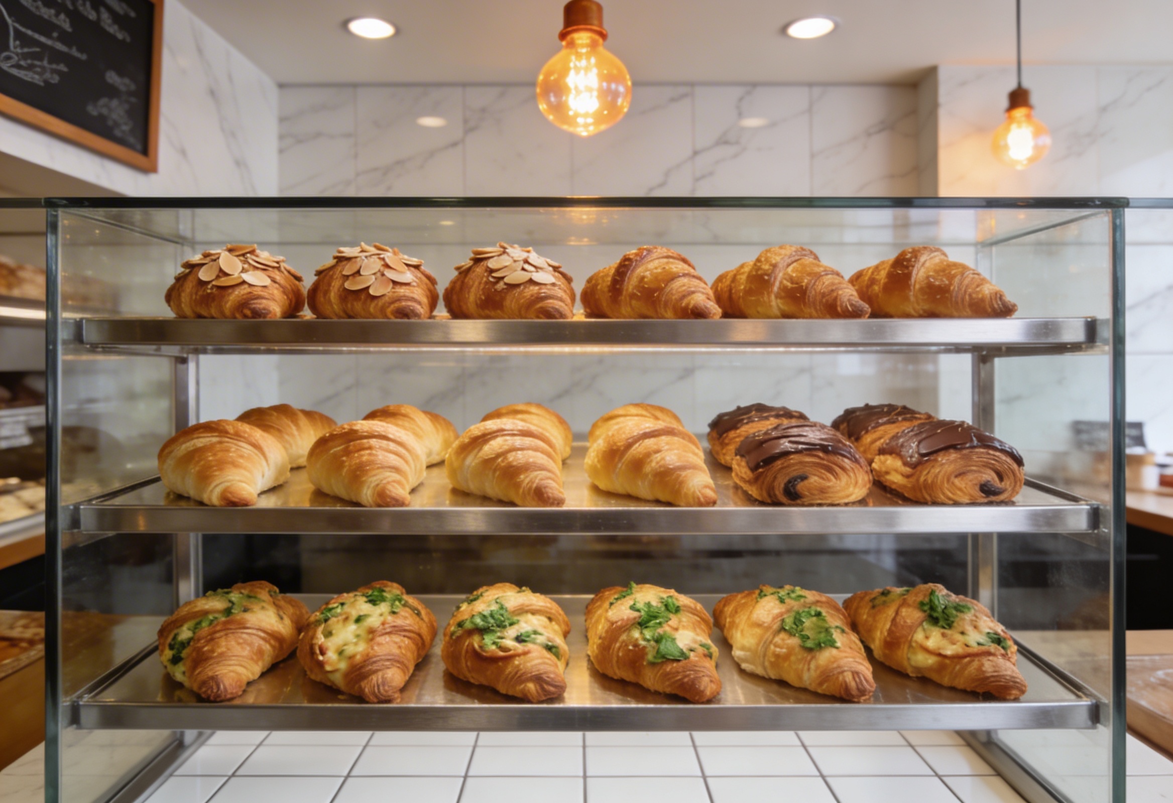 Cam vitrin içinde çeşitli kruasanlar
